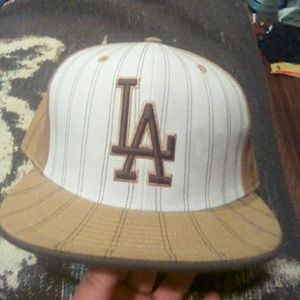 Beige and white pinstripe LA hat